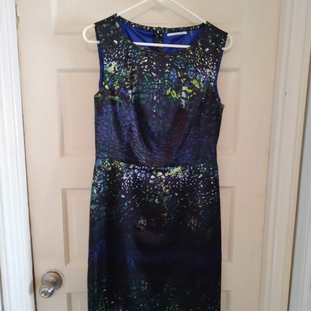 Tahari Black and Blue Stained Glass Sheath Career Cocktail Party Dress Size 6